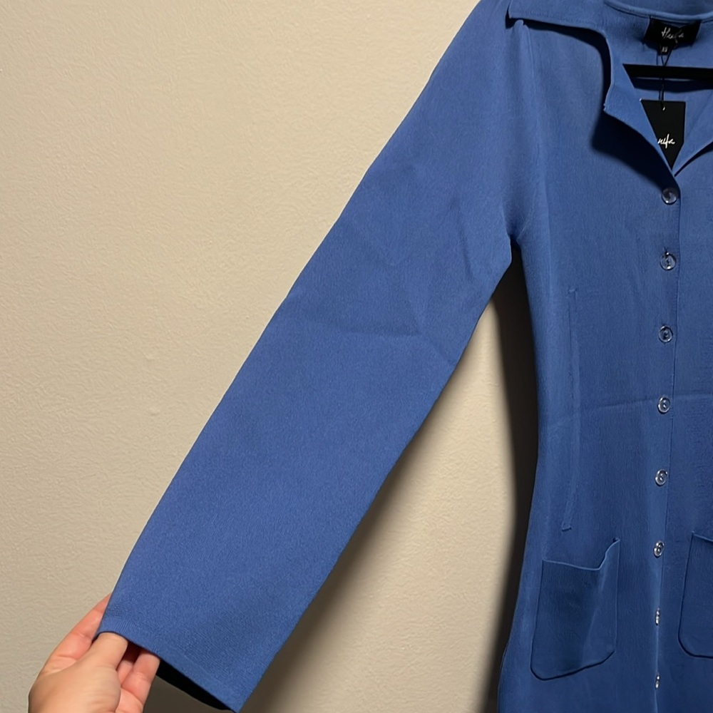 HANIFA (NWT) Cheri II Blue Long Sleeve Button Front Sheath Dress, Size XS - Picture 6 of 16